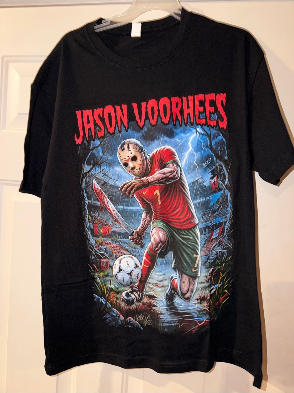 Jason Voorhees Black Graphic T-Shirt - Horror Soccer Design